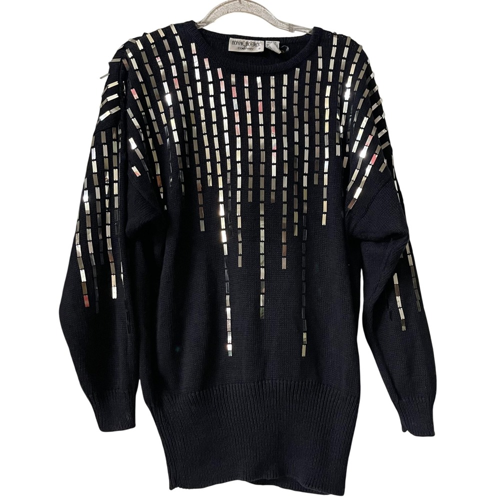 Bonnie Boerer Vintage Sequin Sweater M Black‎ Avant Garde 80s Metallic Statement